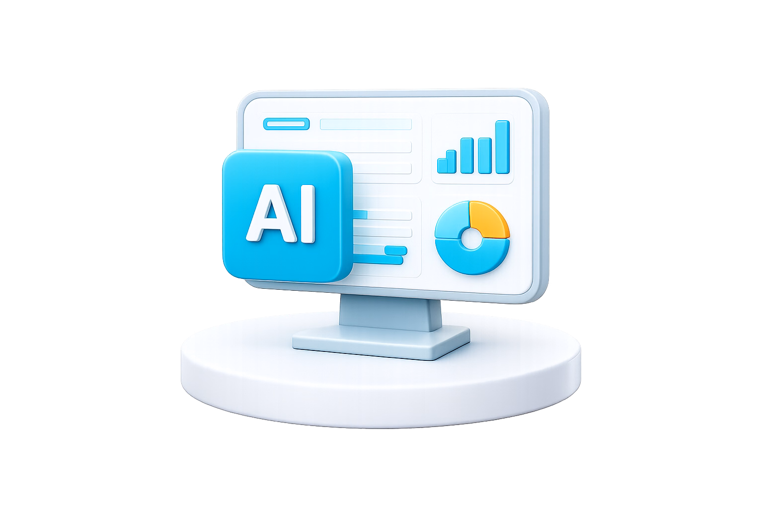 3D analytics dashboard representing online testing with AI and analytics