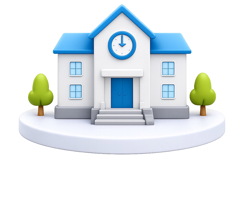 3D school building representing SchoolBellQ school automation software