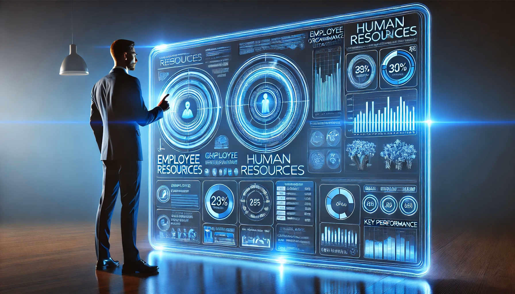 Human resources manager reviewing employee analytics and workforce performance on a digital dashboard