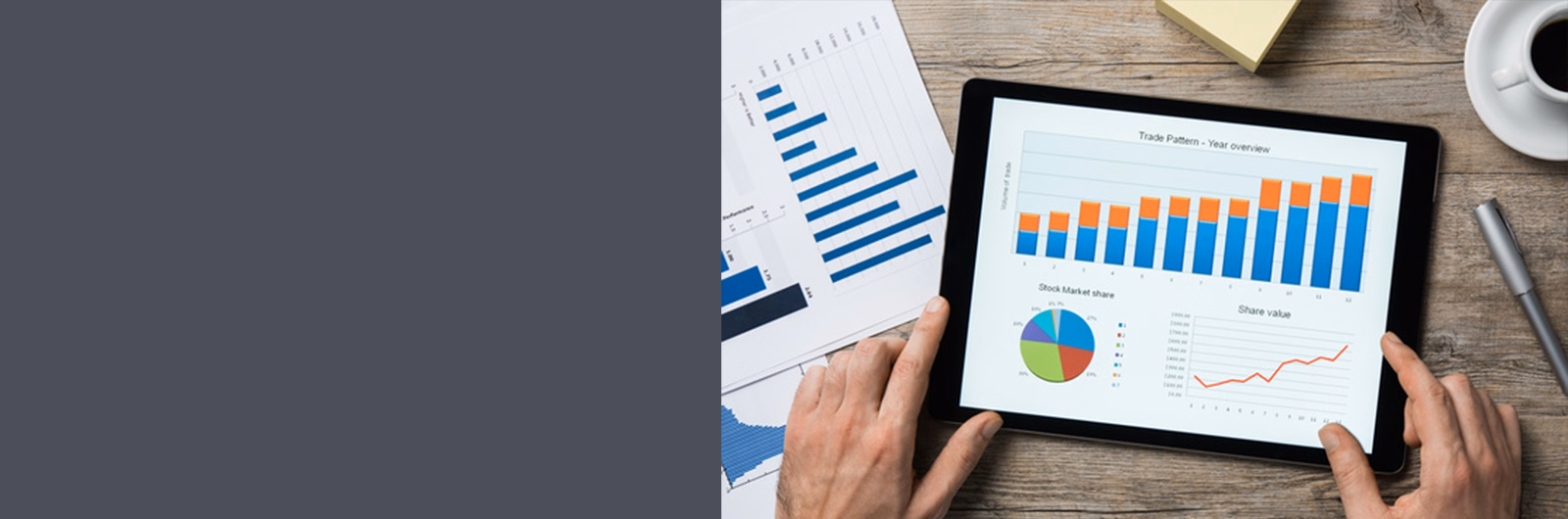 Education analytics dashboard displaying student performance reports and charts on a tablet
